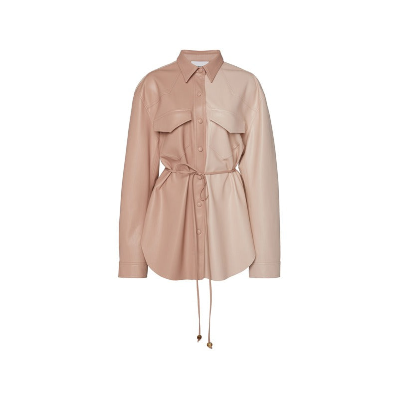 Artificial leather color blocked shirt for women's casual loose waistband long sleeved shirt